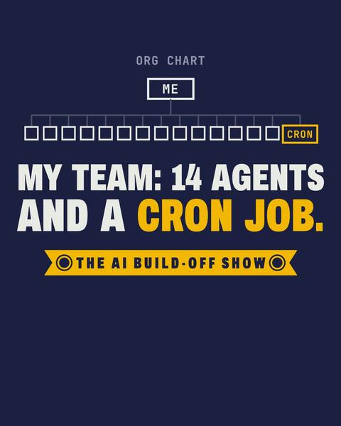 14 Agents And A Cron Job tee in Navy. Print art mockup. Printed: ORG CHART / ME / CRON / MY TEAM: 14 AGENTS / AND A CRON JOB. / THE AI BUILD-OFF SHOW.