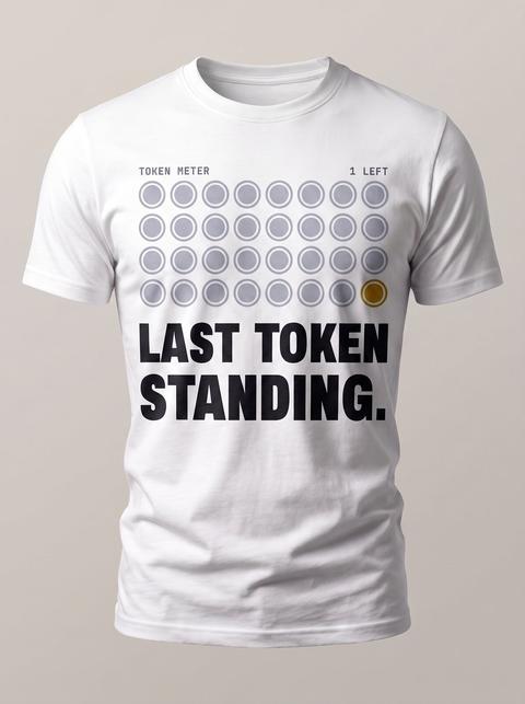 The Last Token tee in White. Fitted mockup. Printed: TOKEN METER / 1 LEFT / LAST TOKEN / STANDING.