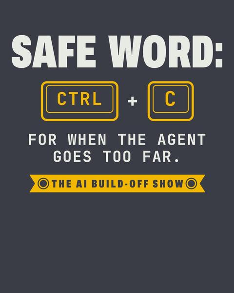 Safe Word: Ctrl+C tee in Charcoal. Print art mockup. Printed: CTRL / + / C / SAFE WORD: / FOR WHEN THE AGENT / GOES TOO FAR. / THE AI BUILD-OFF SHOW.