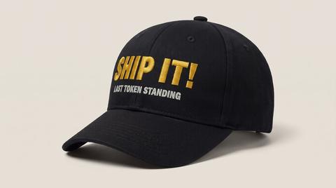 Ship It! Cap in Black. Fitted mockup. Printed: SHIP IT! / LAST TOKEN STANDING.