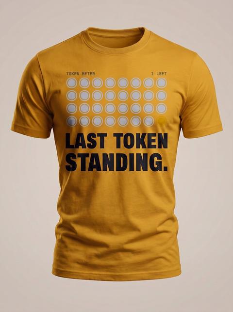 The Last Token tee in Gold. Fitted mockup. Printed: TOKEN METER / 1 LEFT / LAST TOKEN / STANDING.
