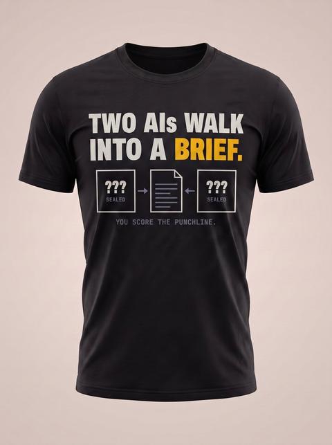 Two AIs Walk Into A Brief tee in Black. Fitted mockup. Printed: ??? / SEALED / TWO AIs WALK / INTO A BRIEF. / YOU SCORE THE PUNCHLINE.
