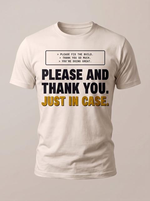 Just In Case tee in Bone. Fitted mockup. Printed: > PLEASE FIX THE BUILD. / > THANK YOU SO MUCH. / > YOU’RE DOING GREAT. / PLEASE AND / THANK YOU. / JUST IN CASE.