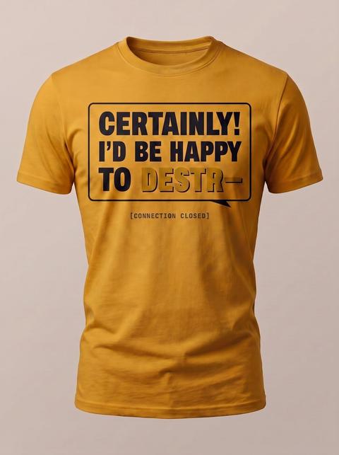 Certainly! tee in Gold. Fitted mockup. Printed: CERTAINLY! / I’D BE HAPPY / TO DESTR— / [CONNECTION CLOSED].