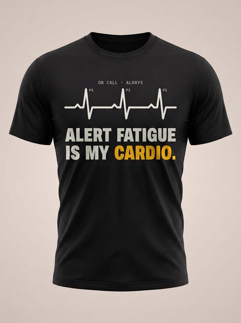 Alert Cardio tee in Black. Fitted mockup. Printed: P1 / ON CALL · ALWAYS / ALERT FATIGUE / IS MY CARDIO.