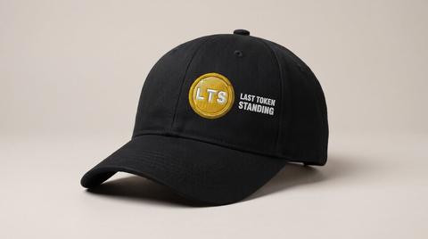 The Coin Cap in Black. Fitted mockup. Printed: LTS (coin pixel lettering) / LAST TOKEN / STANDING.
