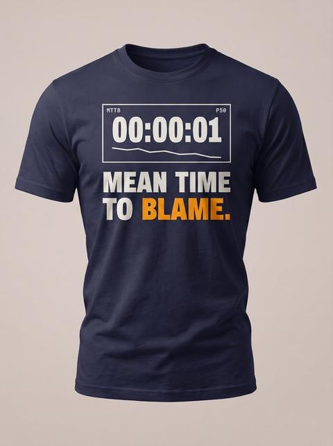 Mean Time To Blame tee in Navy. Fitted mockup. Printed: MTTB / P50 / 00:00:01 / MEAN TIME / TO BLAME.