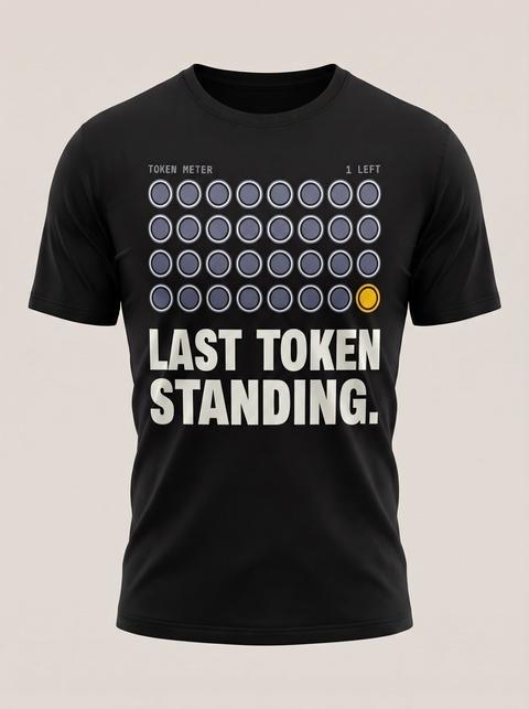 The Last Token tee in Black. Fitted mockup. Printed: TOKEN METER / 1 LEFT / LAST TOKEN / STANDING.