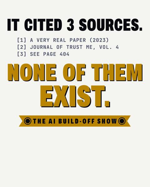 None Of Them Exist tee in White. Print art mockup. Printed: IT CITED 3 SOURCES. / [1] A VERY REAL PAPER (2023) / [2] JOURNAL OF TRUST ME, VOL. 4 / [3] SEE PAGE 404 / NONE OF THEM / EXIST. / THE AI BUILD-OFF SHOW.