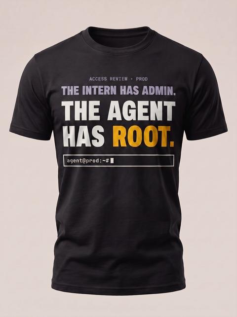 The Agent Has Root tee in Black. Fitted mockup. Printed: ACCESS REVIEW · PROD / THE INTERN HAS ADMIN. / THE AGENT / HAS ROOT. / agent@prod:~#.