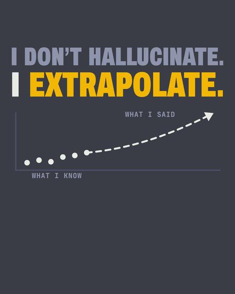 I Extrapolate tee in Charcoal. Print art mockup. Printed: I DON’T HALLUCINATE. / I EXTRAPOLATE. / WHAT I SAID / WHAT I KNOW.