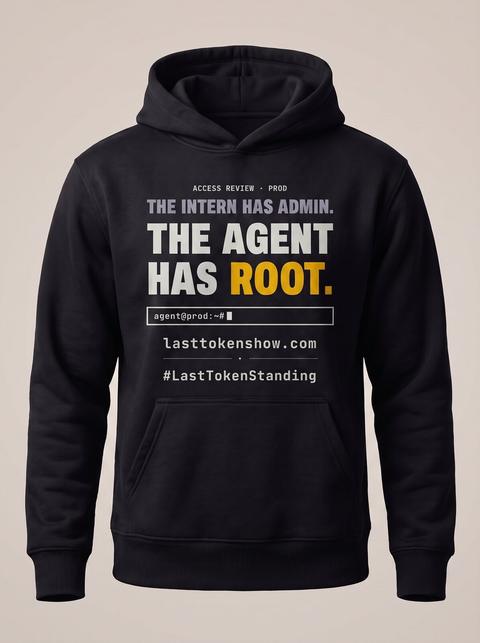 The Agent Has Root · hoodie in Black. Fitted mockup. Printed: ACCESS REVIEW · PROD / THE INTERN HAS ADMIN. / THE AGENT / HAS ROOT. / agent@prod:~# / lasttokenshow.com / #LastTokenStanding.