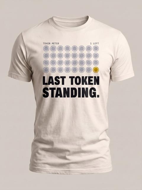 The Last Token tee in Bone. Fitted mockup. Printed: TOKEN METER / 1 LEFT / LAST TOKEN / STANDING.
