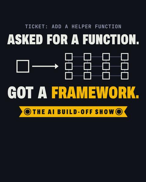 Asked For A Function tee in Black. Print art mockup. Printed: TICKET: ADD A HELPER FUNCTION / ASKED FOR A FUNCTION. / GOT A FRAMEWORK. / THE AI BUILD-OFF SHOW.